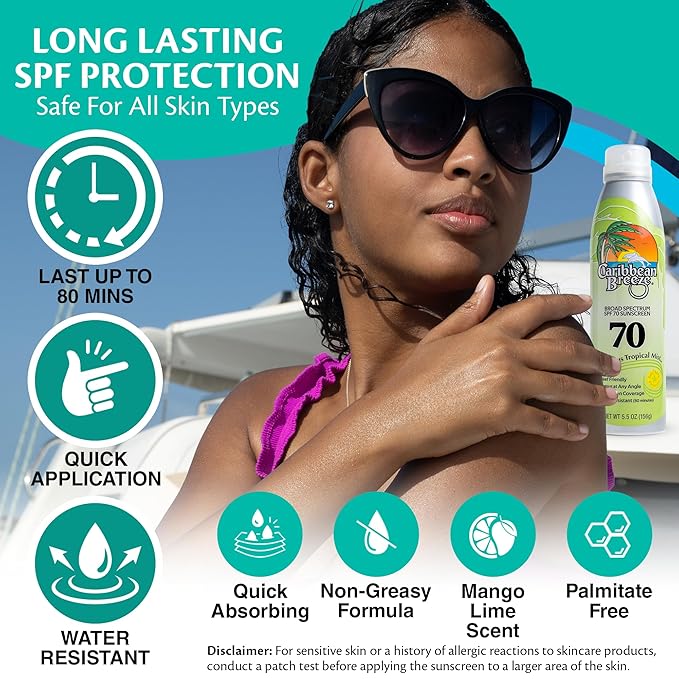 Continuous Tropical Mist Spray Sunscreen SPF 70, Reef Safe Sunscreen Spray, Up to 80 Minutes Water Resistant Sunscreen Face Spray, 5.5 Ounces, 2 Pack