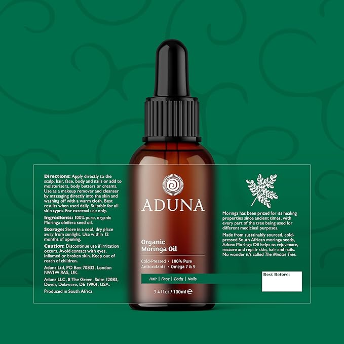Aduna Moringa Oil - 100% Organic - 3.4fl oz Pure Moringa Oil - Unrefined Cold-Pressed Body, Hair & Face Oil - Best for Fine Lines and Moisturizing - Antioxidants