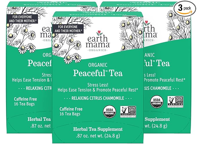 Earth Mama Organic Peaceful™ Tea | Stress Less! Calming, Relaxing Herbal Blend Safe for Pregnancy & Beyond, 16 Teabags Per Box (3-Pack)