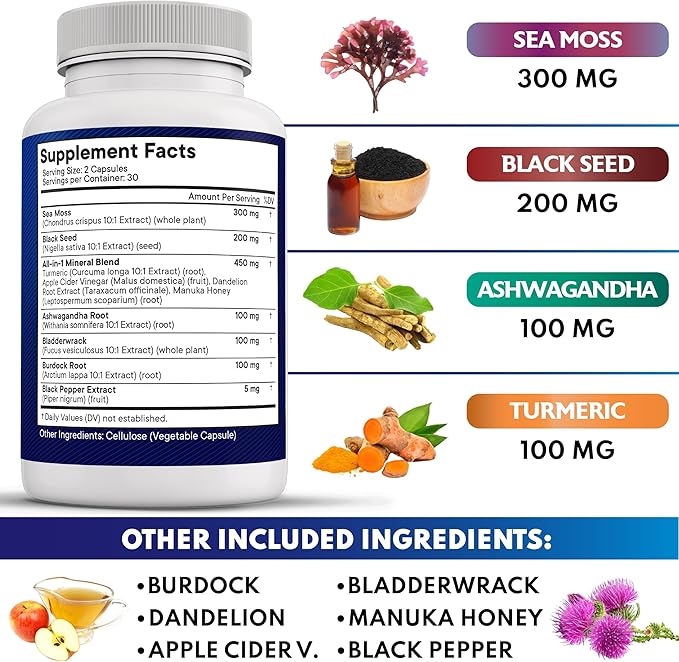 NEW AGE Sea Moss Black Seed Oil Ashwagandha Turmeric Bladderwrack Burdock - with Manuka, Honey Dandelion, ACV Black Pepper Gluten Free