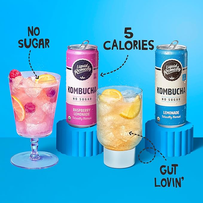 Liquid Remedy Kombucha Sugar Free Organic Drink, Low Calorie, Probiotic Like Tea for Gut Health - Lemon Lovers Variety Pack - 8.5 Fl Oz Can, 12-Pack
