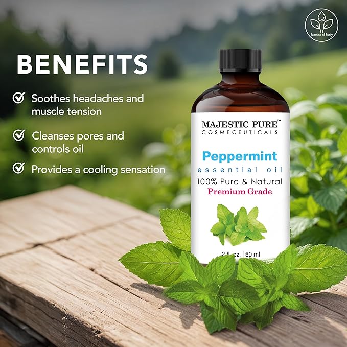 MAJESTIC PURE Peppermint Essential Oil with Glass Dropper | 100% Pure and Natural Peppermint Oil | Premium Grade Essential Oils for Diffusers, Skin, Aromatherapy, Massage | 2 Fl Oz