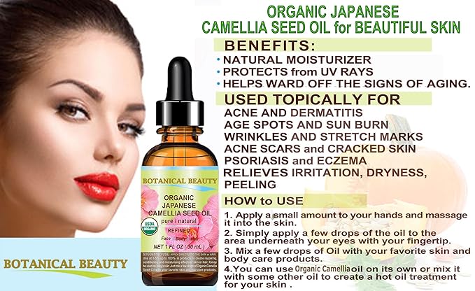 Botanical Beauty Japanese ORGANIC CAMELLIA Seed Oil. 100% Pure Natural Undiluted Refined Cold Pressed Carrier Oil to revitalize and rejuvenate the hair, skin and nails. 1 Fl. oz 30 ml