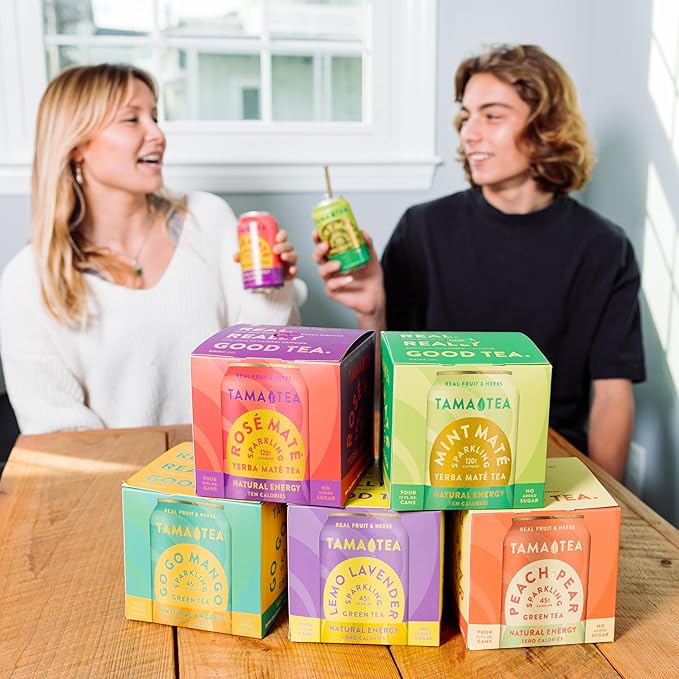 Sparkling Peach Pear Green Tea by Tama Tea - Made with Real Fruit & Herbs - Zero Sugar, Zero Calories, Non-GMO - Naturally Energizing Green Tea High in Antioxidants & Nootropics - 12 oz Pack of 12