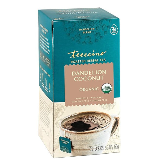 Teeccino Dandelion Coconut Tea - Caffeine Free, Roasted Herbal Tea with Prebiotics, 3x More Herbs than Regular Tea Bags, Gluten Free - 25 Tea Bags (Pack of 3)