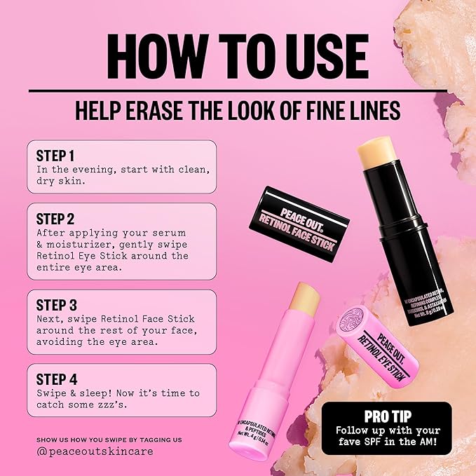 PEACE OUT Skincare Retinol Eye Stick, Daily Retinol Anti-Aging Under Eye Serum Balm, Helps Reduce Fine Lines and Dark Circles, Revitalize Area with Peptides and Astaxanthin (.14 oz)