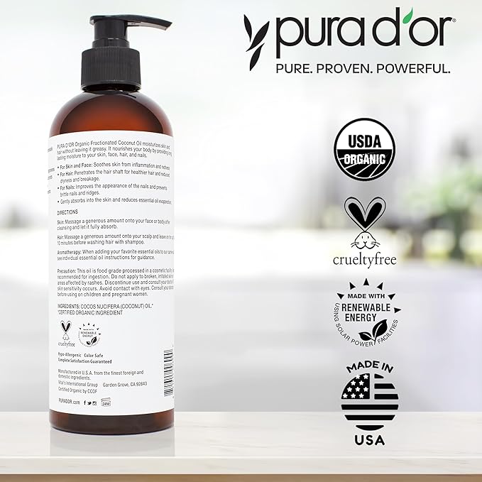 PURA D'OR 16 Oz ORGANIC Fractionated Coconut Oil - MCT Oil - 100% Pure & Natural USDA Certified Cold Pressed Carrier Oil - Unscented, Hexane Free Moisturizer For Face, Skin & Hair Tonic - Men & Women