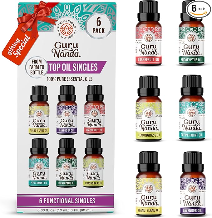 GuruNanda Essential Oils Set for Diffusers, 100% Pure, Aromatherapy, Massage, Candle & Soap Making Lavender, Peppermint, Eucalyptus, Grapefruit, Lemongrass, Ylang Ylang 0.33 Fl Oz (Pack of 6)