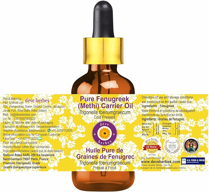 Deve Herbes Pure Fenugreek (Methi) Carrier Oil (Trigonella foenumgraecum) wih Glass Dropper Cold Pressed 30ml (1 oz)