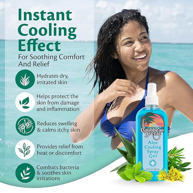 Caribbean Breeze Aloe Cooling Spray Gel, Mango Lime Aloe Vera Gel for Sunburn Relief Spray, Vitamin Enriched with Camellia & Tea Tree, 8.5 oz (250 ml)