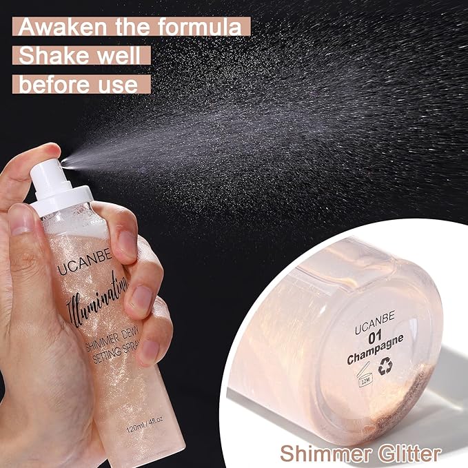 UCANBE Shimmer Dewy Setting Spray – Glowing + Makeup Setting Spray 2 in 1 Lightweight Formula for a Radiant Glow,Long-Lasting Face Mist for Face Body, 4 Fl Oz #Champagne