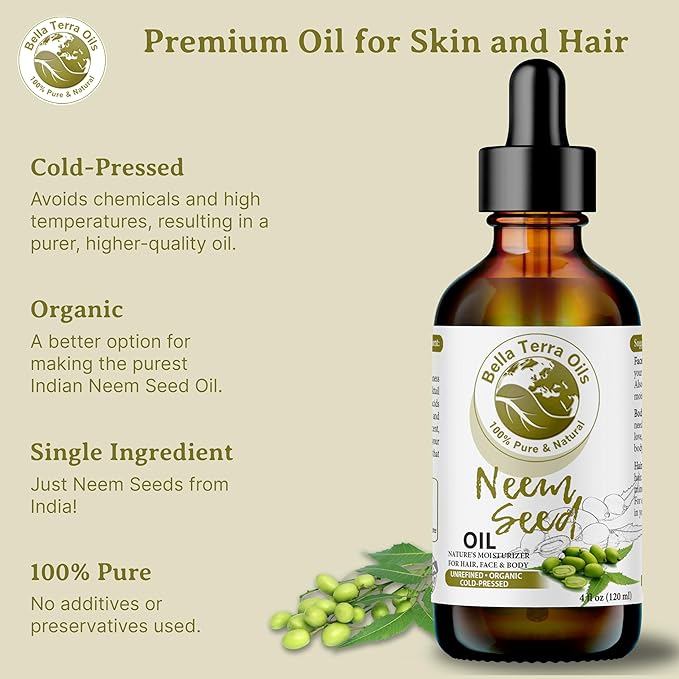 Bella Terra Oils - Organic Neem Seed Oil 4oz - Immerse in the Benefits of Organic Neem, Enriched with Amino Acids & Omega-6, Nourishing Skin Treat