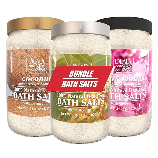 Dead Sea Collection Bath Salts Enriched with 3 pc-Eucalyptus - Cherry Blossom-Coconut-Natural Salt for Bath-Large 34.2 OZ.-Nourishing Essential Body Care for Soothing and Relaxing Your Skin and Muscle