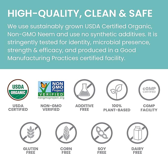 Himalaya Organic Neem Herbal Skin Supplement, Mild Acne Supplement, Clear Skin, Purifying, Ayurvedic, USDA Certified Organic, Non-GMO, Vegan, 600 mg, 60 Plant-Based Caplets, 60 Day Supply