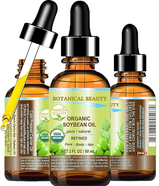 Organic SOYBEAN OIL 100% PURE Natural Refined Cold Pressed Carrier Oil for FACE, SKIN, BODY, HAIR, NAILS 2 Fl.oz.- 60 ml Skin Moisturizer, Skin Nourishing by Botanical Beauty