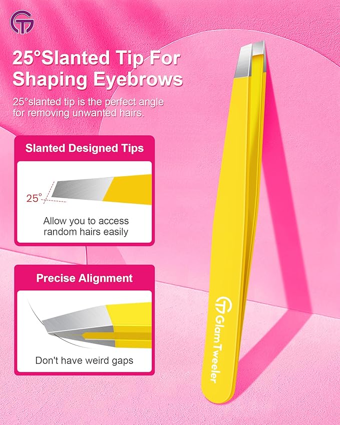 Expert Eyebrow Hair Removal Tweezer with Leather Case, GlamTweeler High Precision Slant Tip Stainless Steel Tweezers for Men and Women (Chartreuse Yellow)