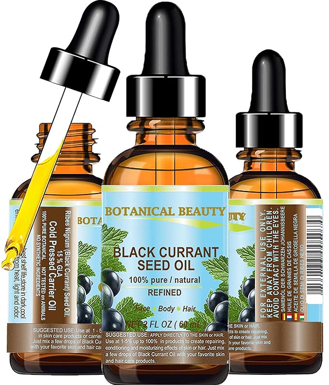 BLACK CURRANT SEED OIL 100% Pure Natural Undiluted Refined Cold Pressed Carrier oil. 2 Fl.oz. - 60ml For Face, Skin, Hair, Lip, Nails. Richest in Gamma Linolenic acid, Omega 3 by Botanical Beauty