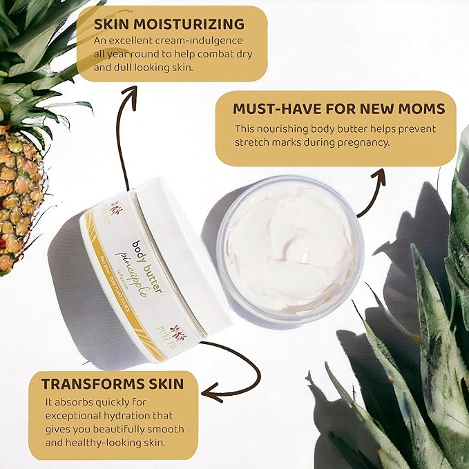 PURE FIJI Body Butter - Moisturizer Body Butter Cream - Face Cream and Body Lotion for Dry Skin with Natural Oils & Vitamin E, Body Butter For Women for Men,Pineapple, 8oz