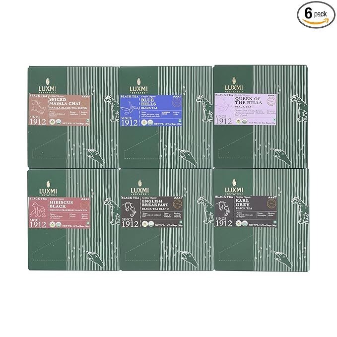 Luxmi Estates - Organic Black Tea Assortment Pack of 6-90 Tea Bags - USDA Organic, Non-GMO, All Natural