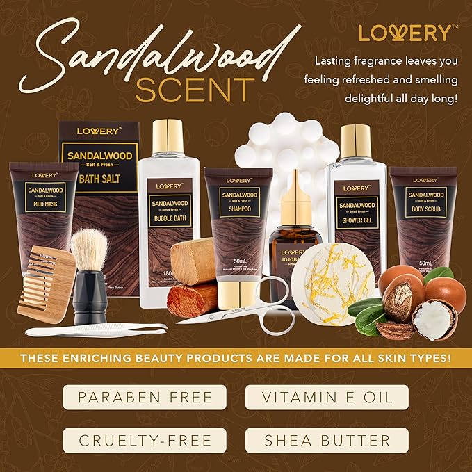 Mens Gift Set, 14Pc Sandalwood Bath Gift Set, Personal Self Care Kit, Gifts from Son, Relaxing Man Gift Basket for Dad, Boyfriend, Husband, Birthday Basket, Grooming & Skin Care for Men
