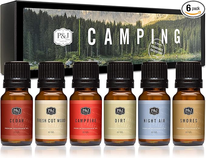 P&J Trading Fragrance Oil Camping Set | Campfire, Smores, Dirt, Fresh Cut Wood, Night Air, and Cedar Candle Scents for Candle Making, Freshie Scents, Soap Making Supplies, Diffuser Oil Scents