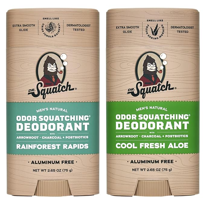 Dr. Squatch Natural Deodorant for Men - Odor-Squatching Aluminum Free - Rainforest Rapids & Cool Fresh Aloe (2.65 oz, 2-Pack)