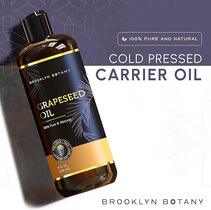 Brooklyn Botany Grapeseed Oil - 100% Pure and Natural Body, Hair, and Face Carrier Oil for Essential Oils, Aromatherapy, and Massage - 8 fl Oz