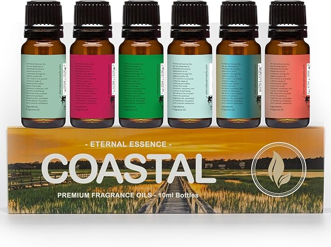 Eternal Essence Oils Coastal Set of 6 Premium Fragrance Oils - Includes Mountain Meets Ocean, Seaside Citrus, Island Hop, Kelp, Beautiful Day, and Coral Reef Scented Oils - 10ML