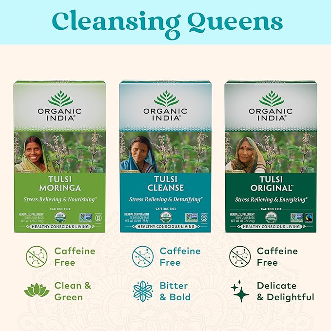 Organic India Tulsi Cleanse Herbal Tea - Holy Basil, Stress Relieving & Cleansing, Immune Support, Adaptogen, Vegan, USDA Certified Organic, Non-GMO, Caffeine-Free - 18 Infusion Bags, 1 Pack