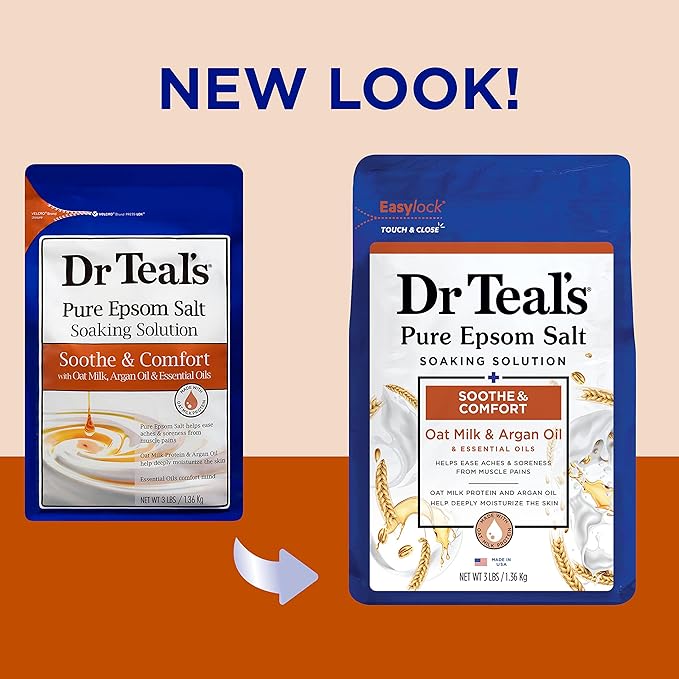 Dr Teal's Foaming Bath with Pure Epsom Salt, Shea Butter & Almond, 34 fl oz (Pack of 4) (Packaging May Vary) & Pure Epsom Salt Soak, Soothe & Comfort with Oat Milk & Argan Oil, 3 lbs