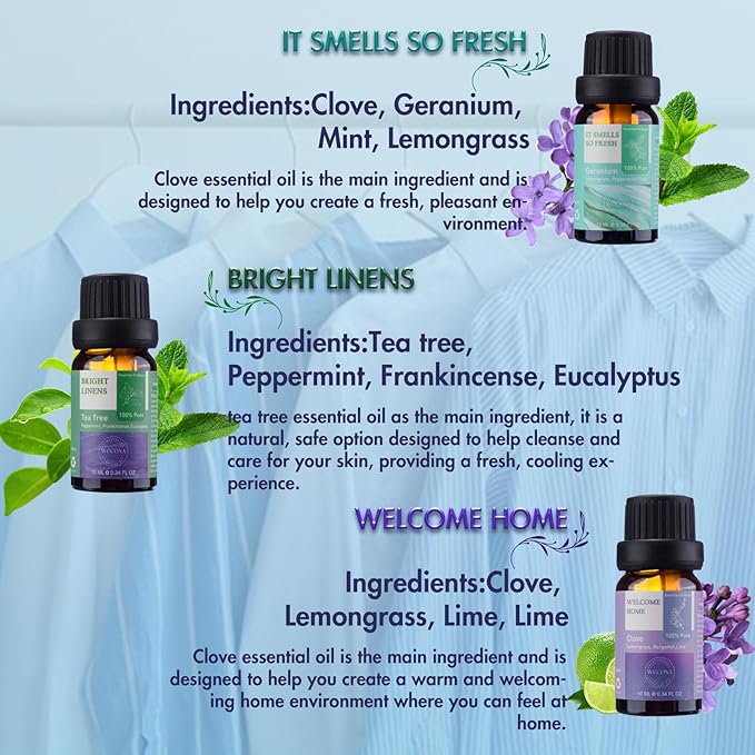 Essential Oils for Laundry - 100% Pure Essential Oils for Diffusers for Home,6x10ml(Clean)- Aromatherapy Oils for Humidifiers,Wool Dryer Balls,Clean Linen