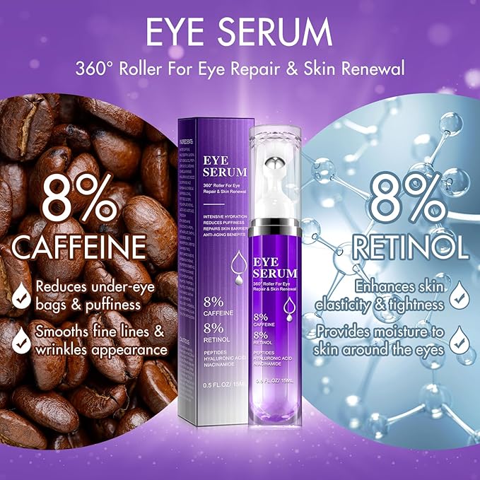 Eye Serum for Dark Circles and Puffiness, Under Eye Cream Anti Aging for Puffiness and Bags with 360° Eye Roller Massage Ball, Eye Serum with 8% Caffeine 8% Retinol for Women & Men