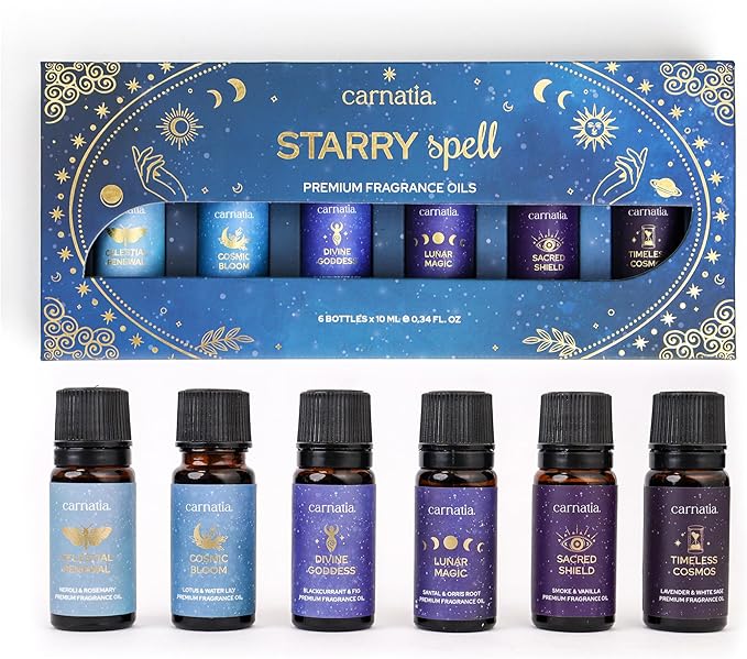 Carnatia Starry Spell Fragrance Oil Set – 6 Magical & Calming Aromatherapy Blends for Stress Relief, Relaxation & Emotional Wellness | Mystical Fragrance Oils for Diffusers, Massage & Meditation