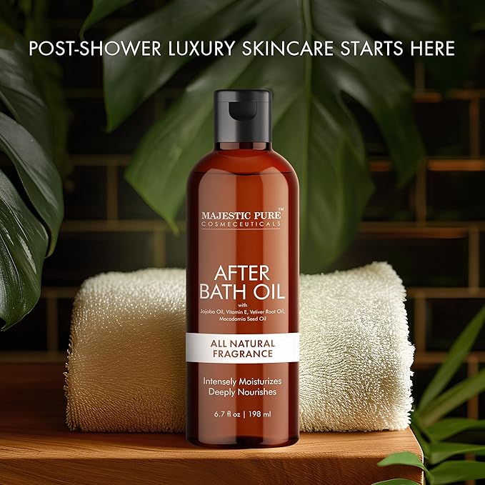 Majestic Pure After Bath Oil - 100% Pure & Natural | Repair Dry, Damaged Skin | Moisturizing Skin, Hair and Scalp | Infused with Jojoba Oil & Vitamin E | 6.7 Fl Oz
