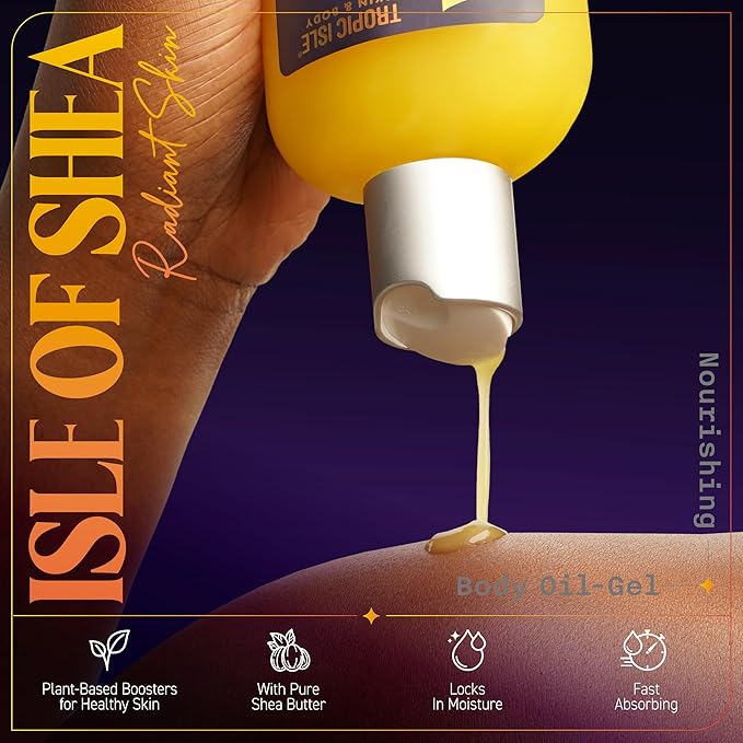 ISLE OF SHEA Radiant Skin Nourishing Body Oil-Gel Shea Butter and Jamaican Black Castor Oil, Ideal for Dry Skin, Cruelty Free, 8oz