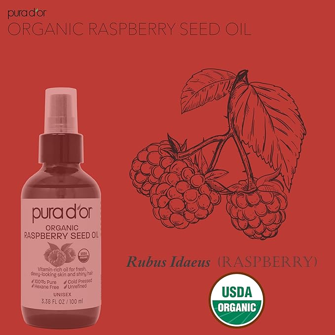 PURA D'OR 3.38 Oz ORGANIC Red Raspberry Seed Oil - 100% Pure USDA Certified, Cold Pressed Unrefined, Hexane-Free, Premium Grade - Sun Protection For Skin, Body & Hair