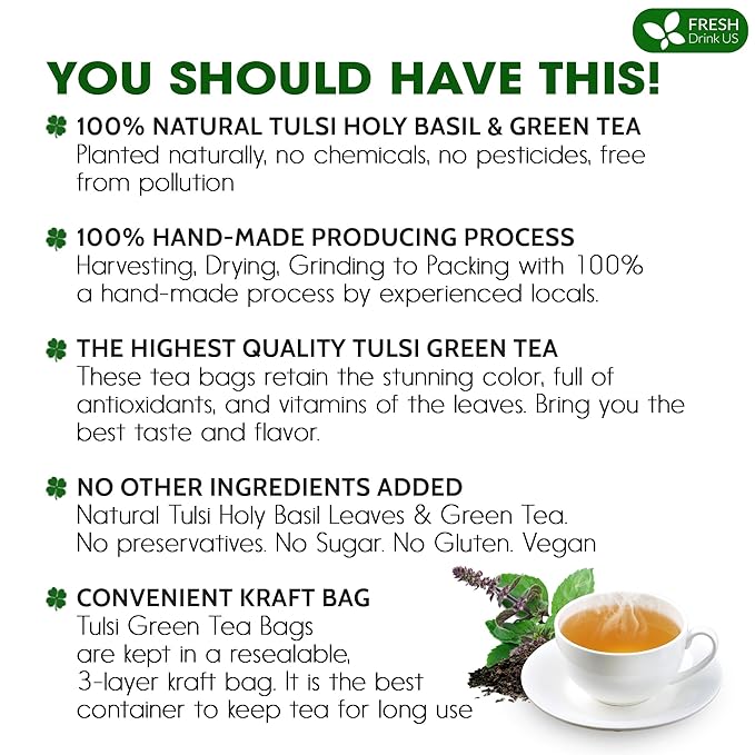 FreshDrinkUS, Premium 75 Tulsi Green Tea Bags, 100% Natural, Blend of Tulsi Holy Basil Leaves, and Green Tea Leaves. Made with Natural Material Tea Bags. No Sugar, Vegan.