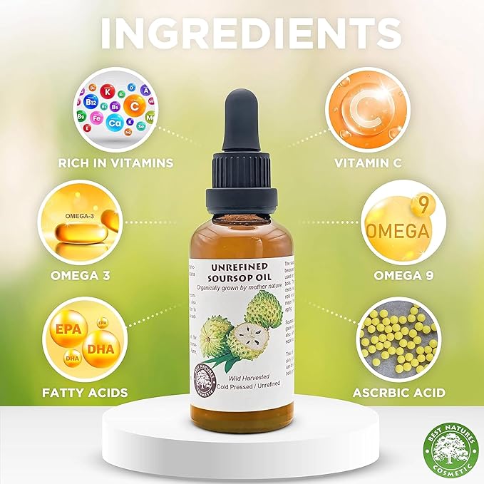Best Nature's Cosmetics Virgin Soursop Graviola Guanabana Oil (Organic, Undiluted, Cold Pressed, Unrefined) 1 oz / 30 ml – Natural Moisturizer for Dry and Damaged Skin.