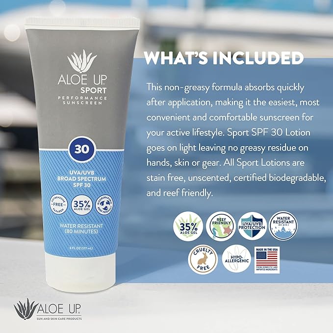 Aloe Up Sport Sunscreen Lotion SPF 30 - Broad Spectrum UVA/UVB Sunscreen Protector for Face and Body - With Hydrating Aloe Vera Gel - Non-Greasy No White Cast Reef Safe Fragrance-Free - 6 Oz.