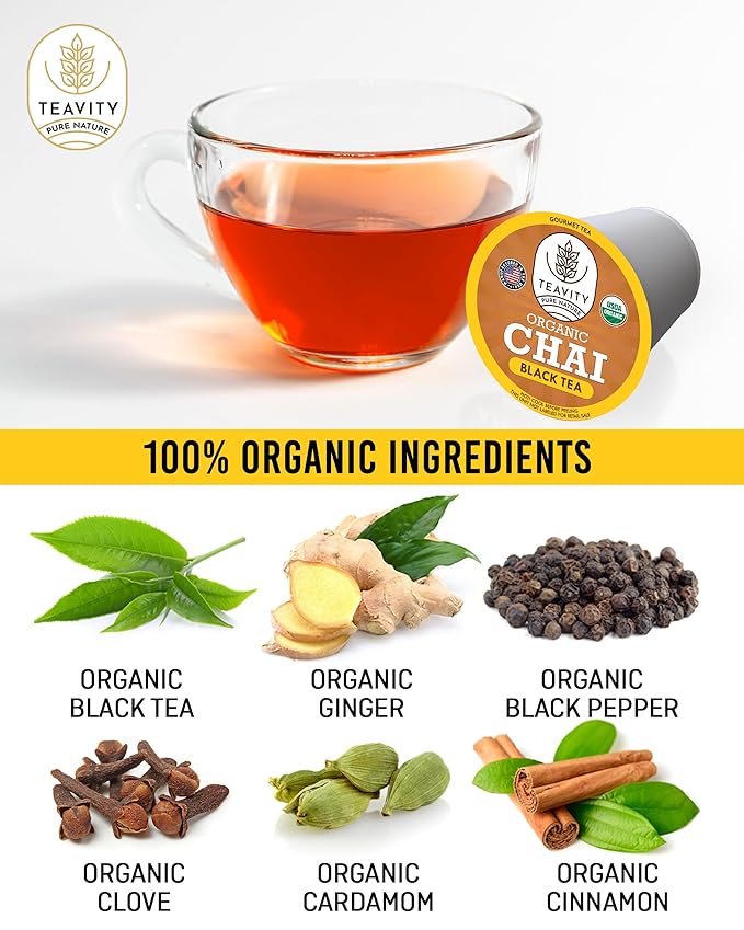 Organic Chai Black Tea Pods for Keurig Naturally Caffeinated by Teavity (12 Tea Pods)