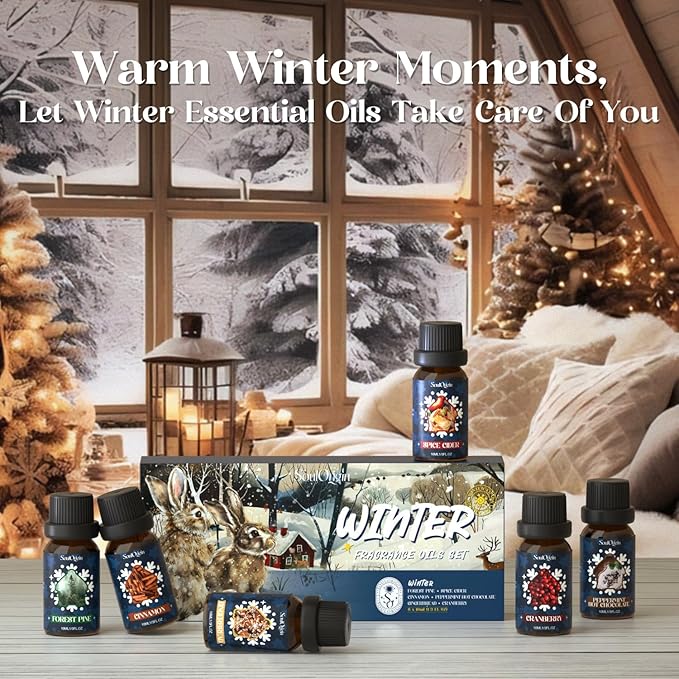 Winter Essential Oils Set, Fragrance Oil Gift Set for Oil Diffusers, Scented Oils for Soap 6x10ml - Forest Pine, Spiced Apple Cider, Cinnamon, Mint Hot Chocolate, Gingerbread, and Cranberry