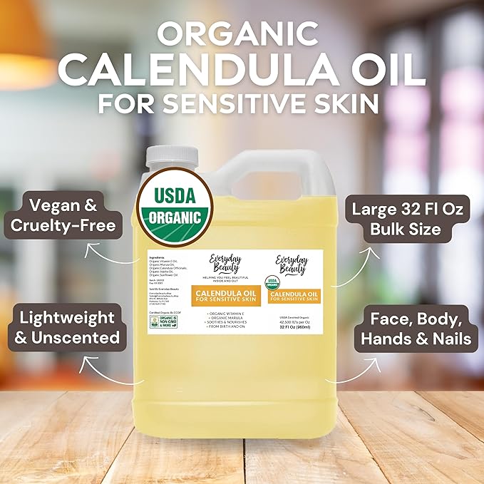Organic Calendula Oil For Sensitive Skin -Bulk 32 Fl Oz- USDA Organic Certified 100% All Natural Plant Based, Lightweight & Unscented Gentle Soothing Oil For Sensitive Skin - For Face, Skin & All Over