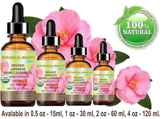 Botanical Beauty Japanese ORGANIC CAMELLIA Seed Oil. 100% Pure Natural Undiluted Refined Cold Pressed Carrier Oil to revitalize and rejuvenate the hair, skin and nails. 4 Fl. oz 120 ml
