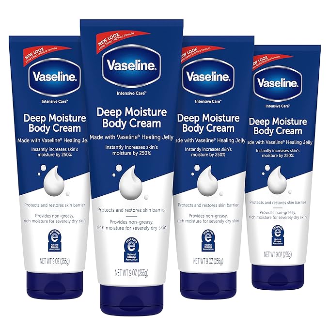 Vaseline Intensive Care Body Cream Deep Moisture 4 pk with Healing Petroleum Jelly & Vitamin E Rich & Smooth for Dry Skin 9 oz
