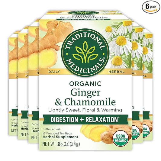 Traditional Medicinals Organic Ginger with Chamomile Herbal Tea, Relieves Occasional Indigestion or Nausea, (Pack of 6), 96 Count