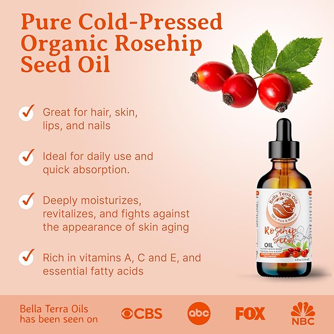 Bella Terra Oils Organic Rosehip Oil for Face, Pure Cold-Pressed Rose Hip Seed Oil for Skin & Hair, Natural Moisturizer & Anti-Aging Facial Oil 8oz