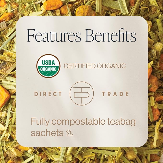 Rishi Tea Turmeric Ginger Herbal Tea - Organic Sachet Bags, Caffeine Free Ayurvedic Digestive Blend with Spicy Ginger & Citrus - 15 Count (Pack of 1)