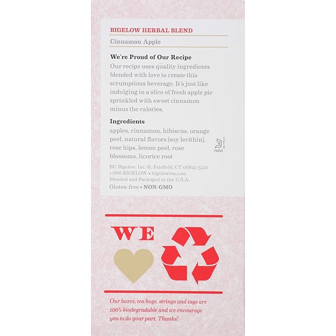 Bigelow Cinnamon Apple Herbal Tea Bags 28-Count Boxes (Pack of 6) Cinnamon Apple Hibiscus Flavored Herbal Tea Bags All Natural Non-GMO