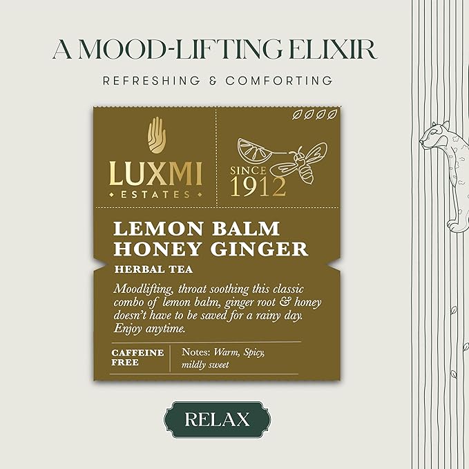 Luxmi Estates - Lemon Balm Honey Ginger - 50g (25 cups) | Organic Lemon Balm Tea with Honey and Ginger Root | Great for Soar Throat, Immunity and Stress Relief