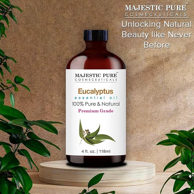 MAJESTIC PURE Eucalyptus Essential Oil | 100% Pure and Natural Eucalyptus Oil | Premium Grade Essential Oils for Hair Care, Home Diffusers, Skin, Aromatherapy, Massage and Humidifiers | 4 Fl Oz
